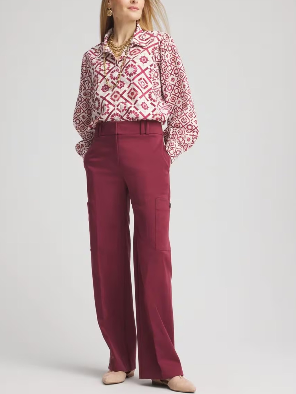 NWT Chico's Sateen Cargo Pants Size 2 (US 12) Wide Leg Burgundy